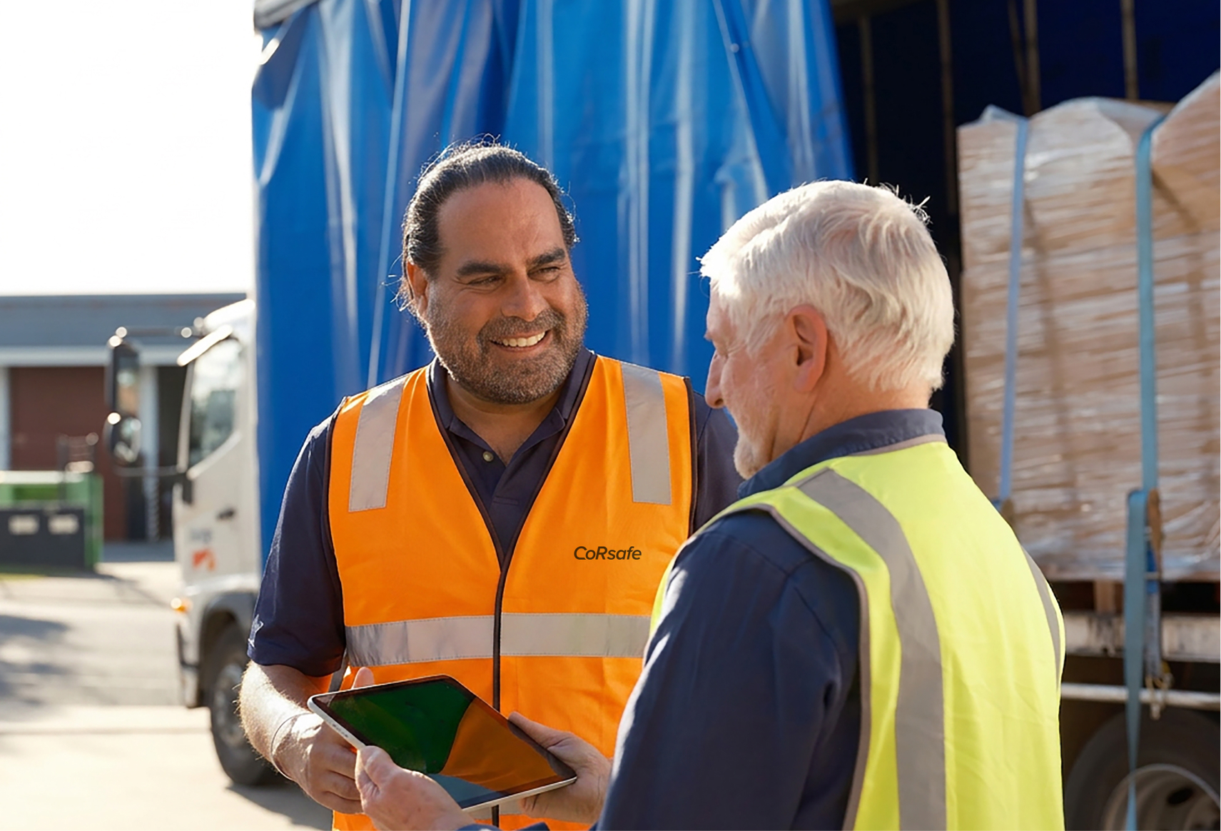 a man in safety vests talking to another man