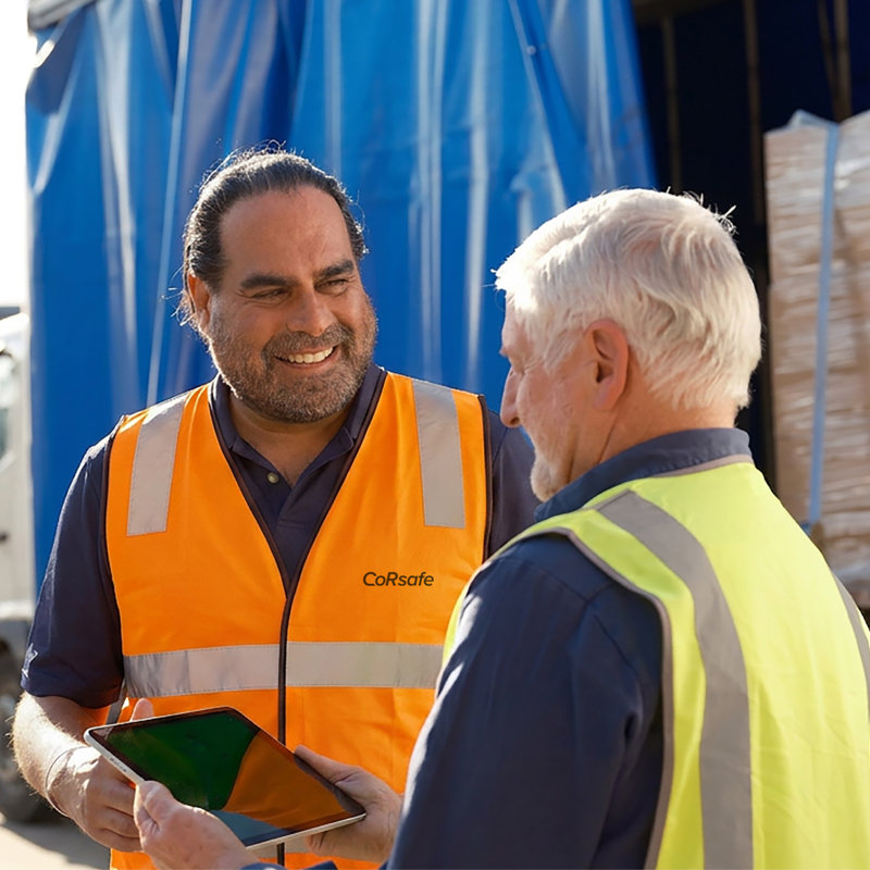 a man in safety vests talking to another man