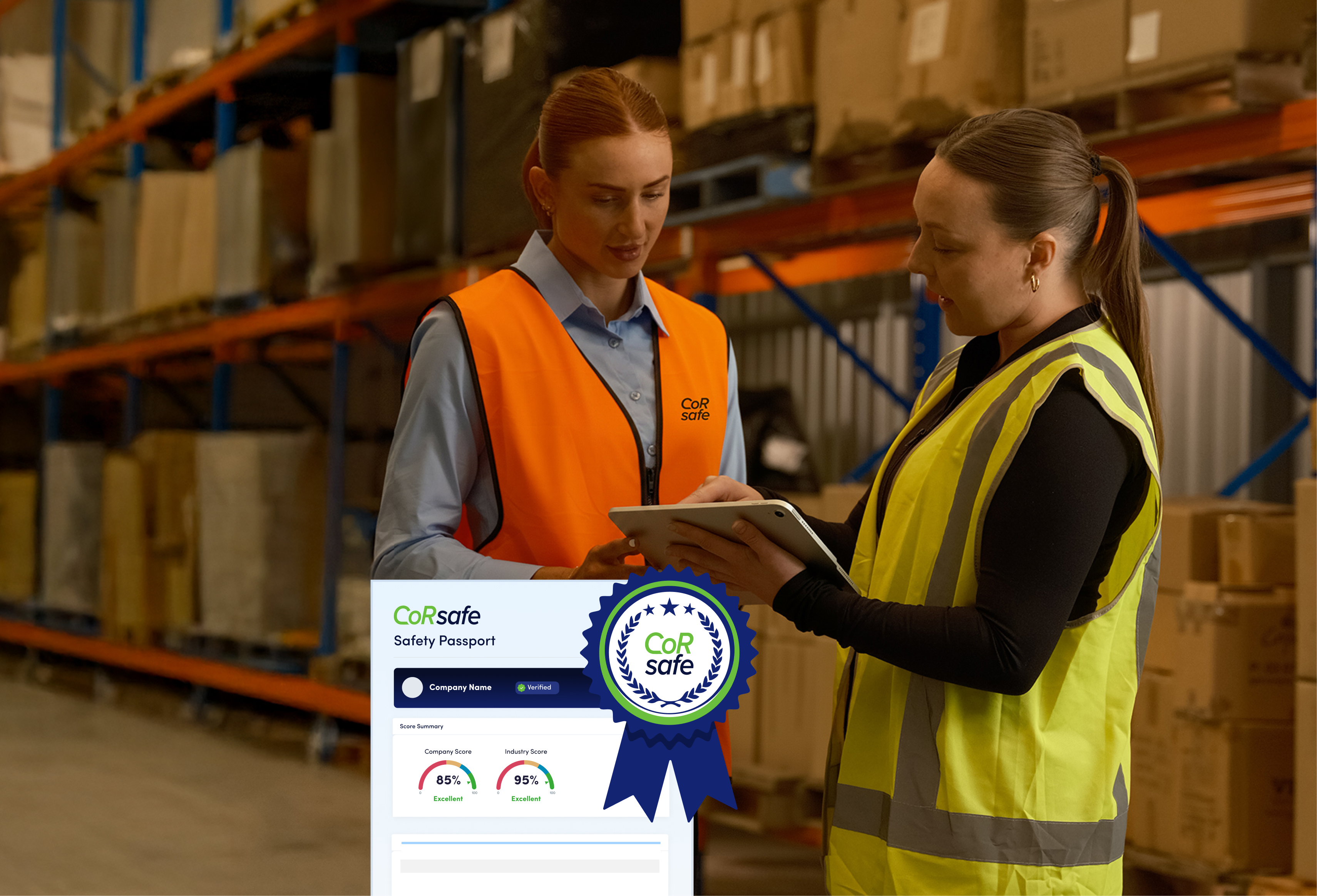 a woman in safety vests looking at a tablet