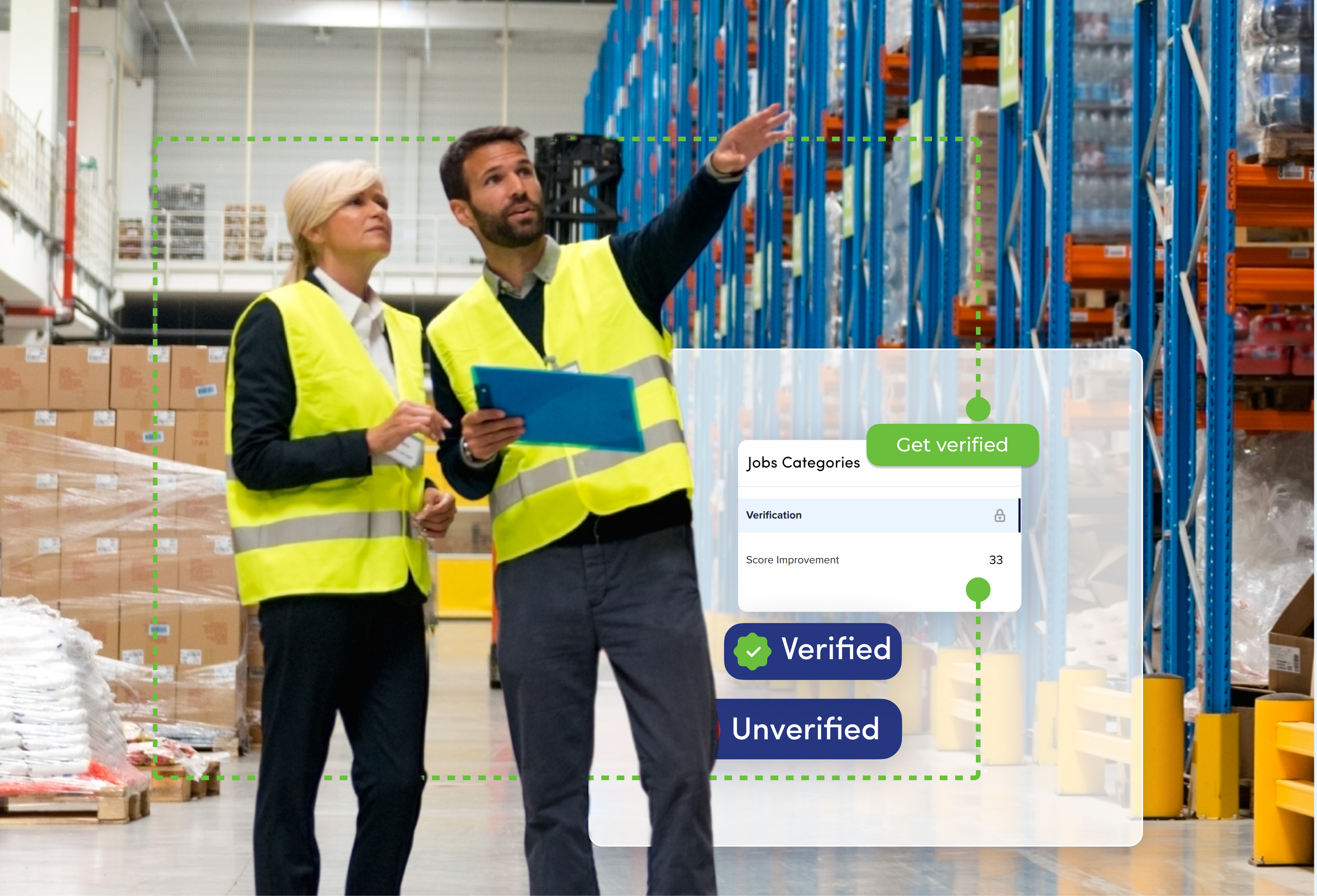 a man and woman in safety vests in a warehouse