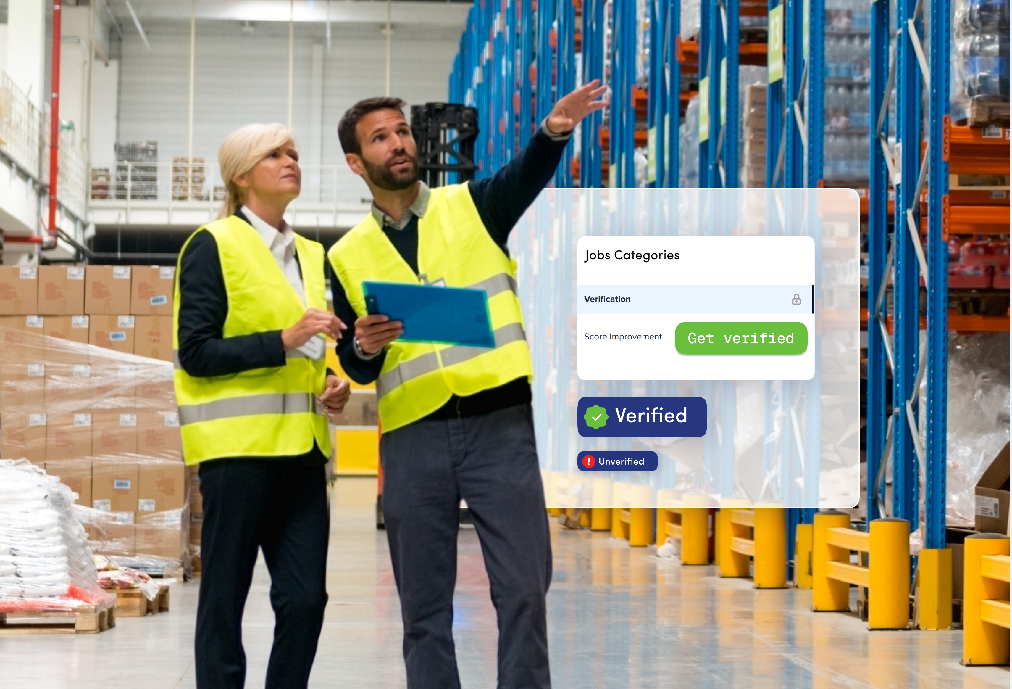 a man and woman in safety vests in a warehouse